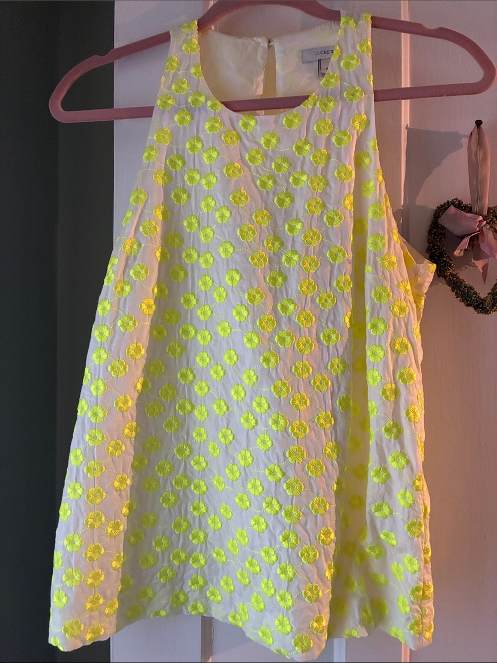 J. Crew White Sleeveless Top with Neon Yellow Floral Appliqué